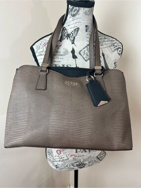 GUESS Reptile Embossed Satchel Tote Bag Brown & Black Gold Hardware NWOT